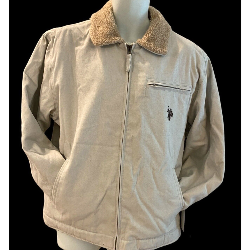 Field Jacket Canvas Bomber US POLO ASSN Mens L Tan Sherpa Lined Casual Work NEW!